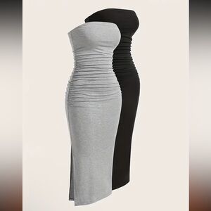 Strapless Ruched Midi Dress - Black & Light Gray